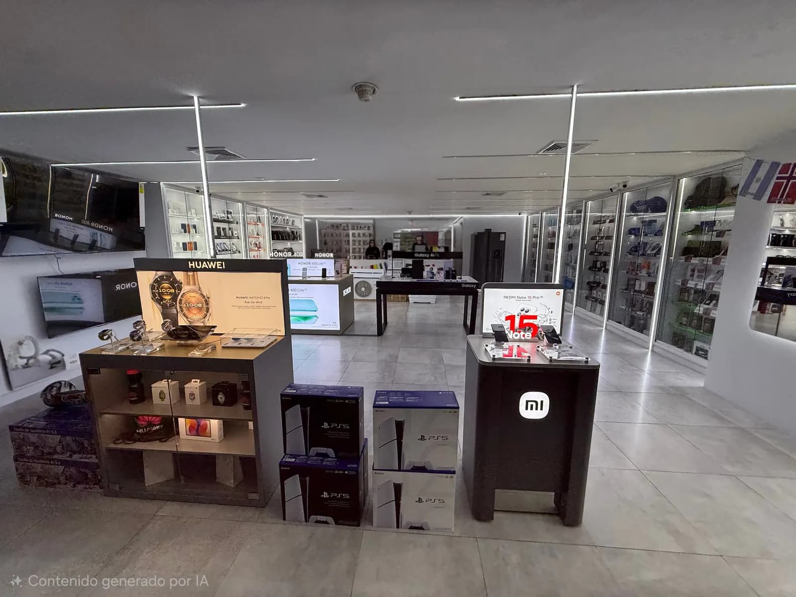 Interior del local del CCCT nivel C2 con exhibidores de Huawei, PlayStation 5 y Xiaomi